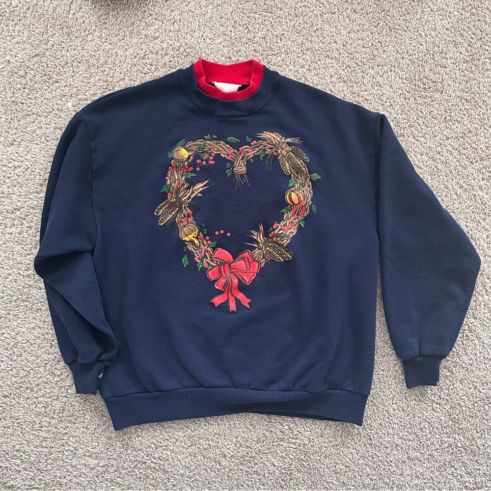 Vintage 80s Christmas Wreath Sweatshirt Navy Blue Mock Neck Large